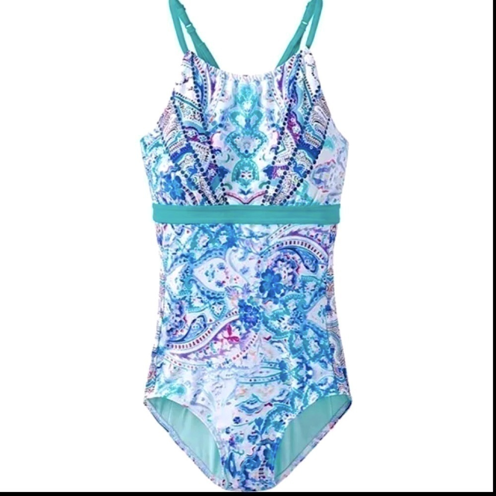 Prana Matilda Paisely Watercolor Teal Purple One Piece Halter Swimsuit XS